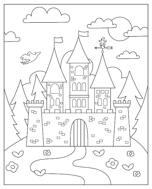 Premium vector vector black and white fairytale landscape with castle on a hill fairy tale background magic kingdom coloring page scenery illustration with medieval palace towers flags trees flying dragonxa