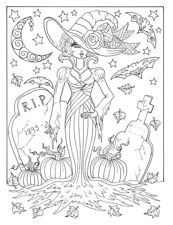Pages magical witches halloween magic coloring pages digital downloads digi stamp cats and bats