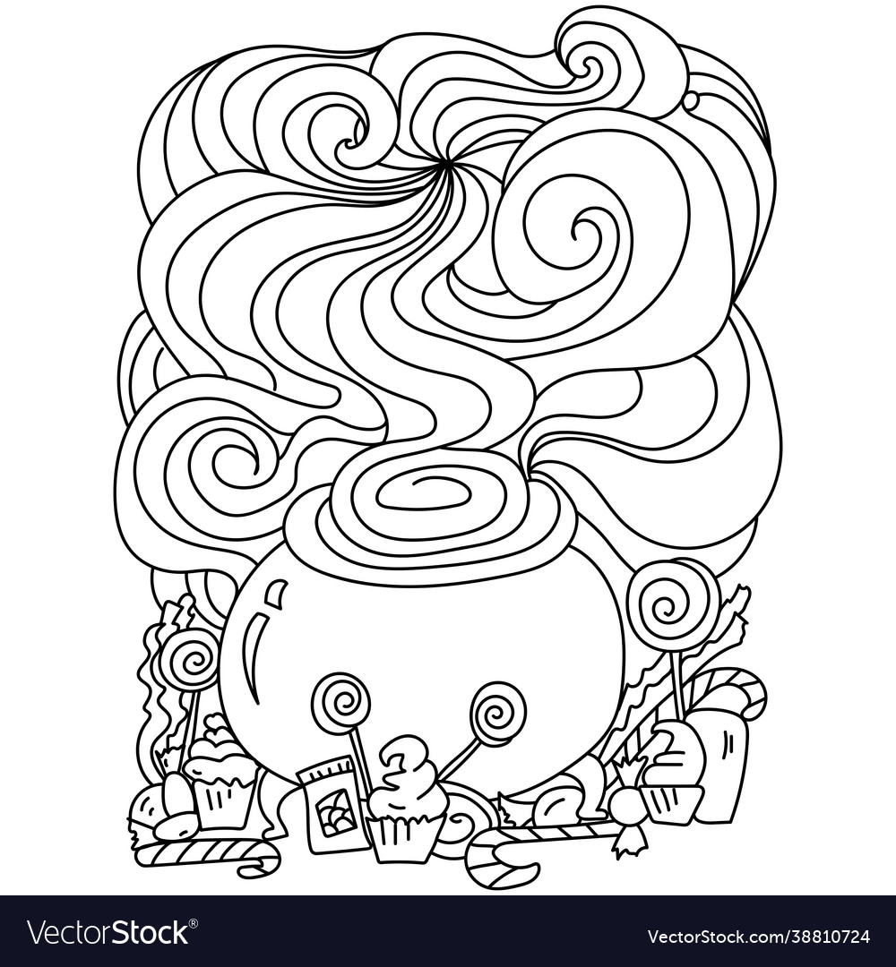 Halloween coloring page magic cauldron and sweets vector image