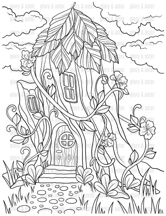 Fairy tree house coloring pages coloring sheets magic mushroom instant download fantasy coloring adult coloring book download now