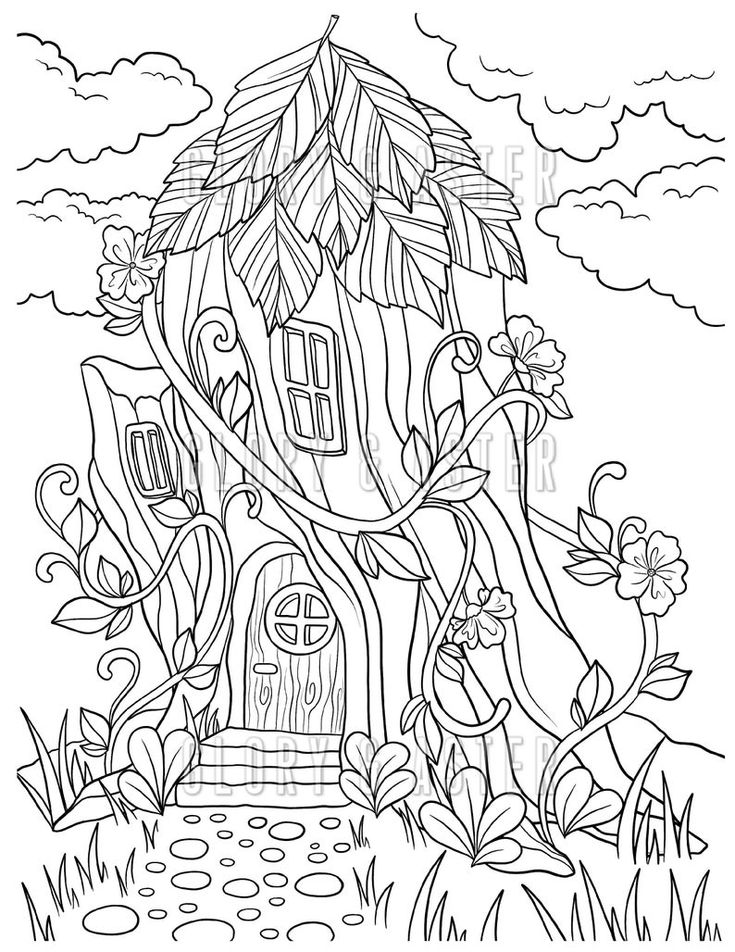 Fairy tree house coloring pages coloring sheets magic mushroom instant download fantasy coloring adult coloring book download now