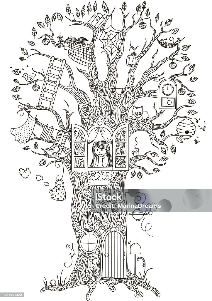 Magic tree house in which he lives a girl vector stock illustration