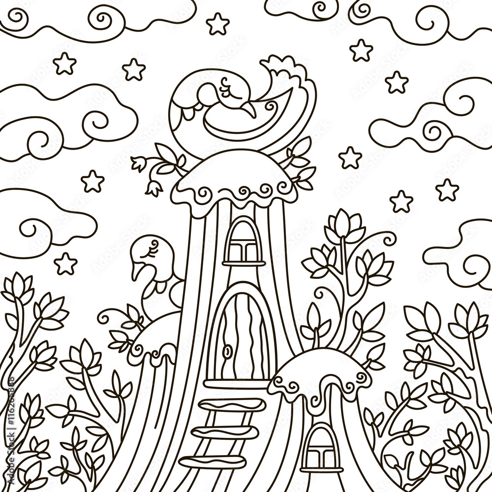 Vector illustration outline design element a coloring book a magic forest bird night tree house stars vector