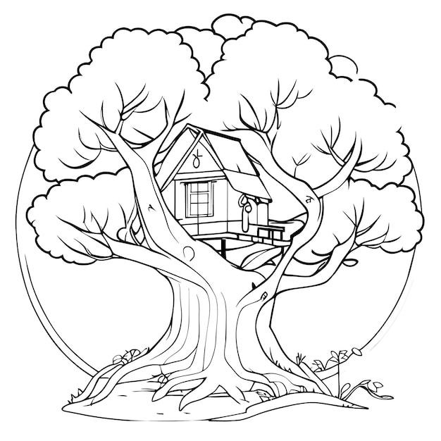 Premium vector fantasy tree house in the forest or fantasy tree house inside tree trunk