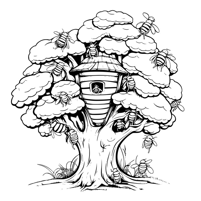 Beehive on a tree coloring page for kids illustration ai free download