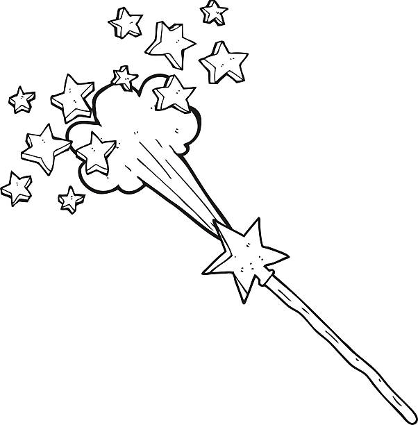 Black and white cartoon magic wand stock illustration