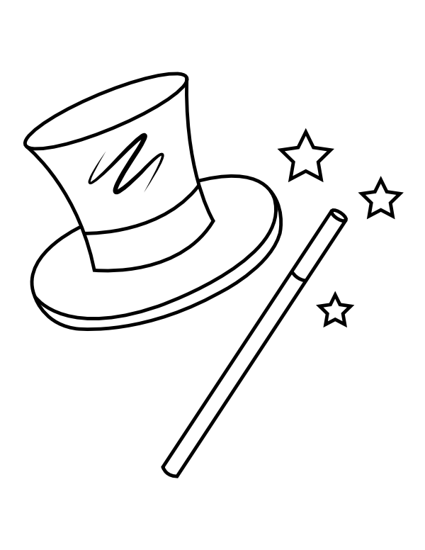 Printable magician hat and wand coloring page