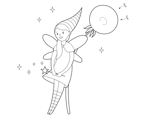 Fairy with magic wand is standing by dandelion contour linear illustration for coloring book stock illustration