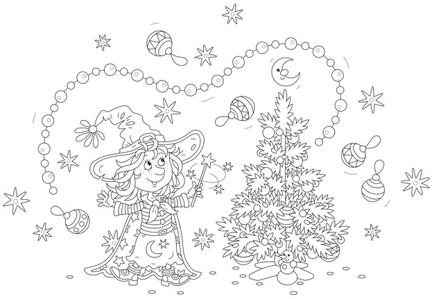 Premium vector little witch with her magic wand decorating a christmas tree with flying garlands toys and balls