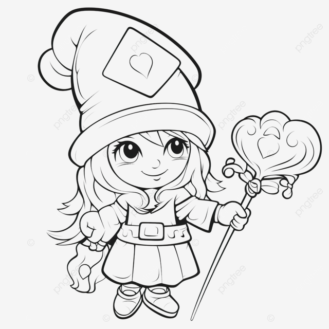 Outlined cute female gnome cartoon character holding a magic wand of love cute fairy gnome fairy png transparent image and clipart for free download