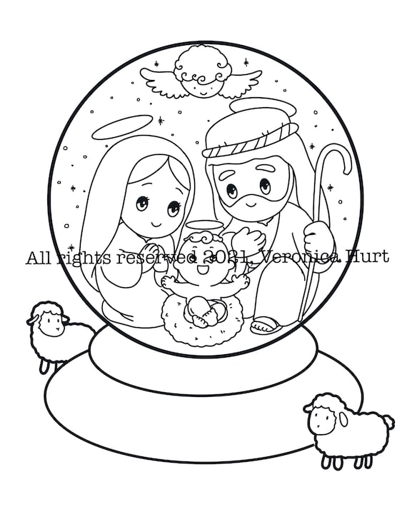 Christmas coloring page value pack for kids holy family snow globe adorable kawaii christmas ornament tree and surprise card crafts download now