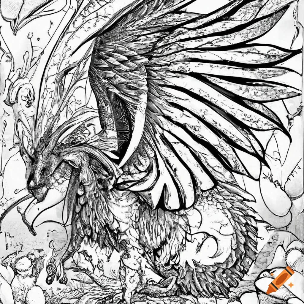 Black and white coloring page of mythical creatures on