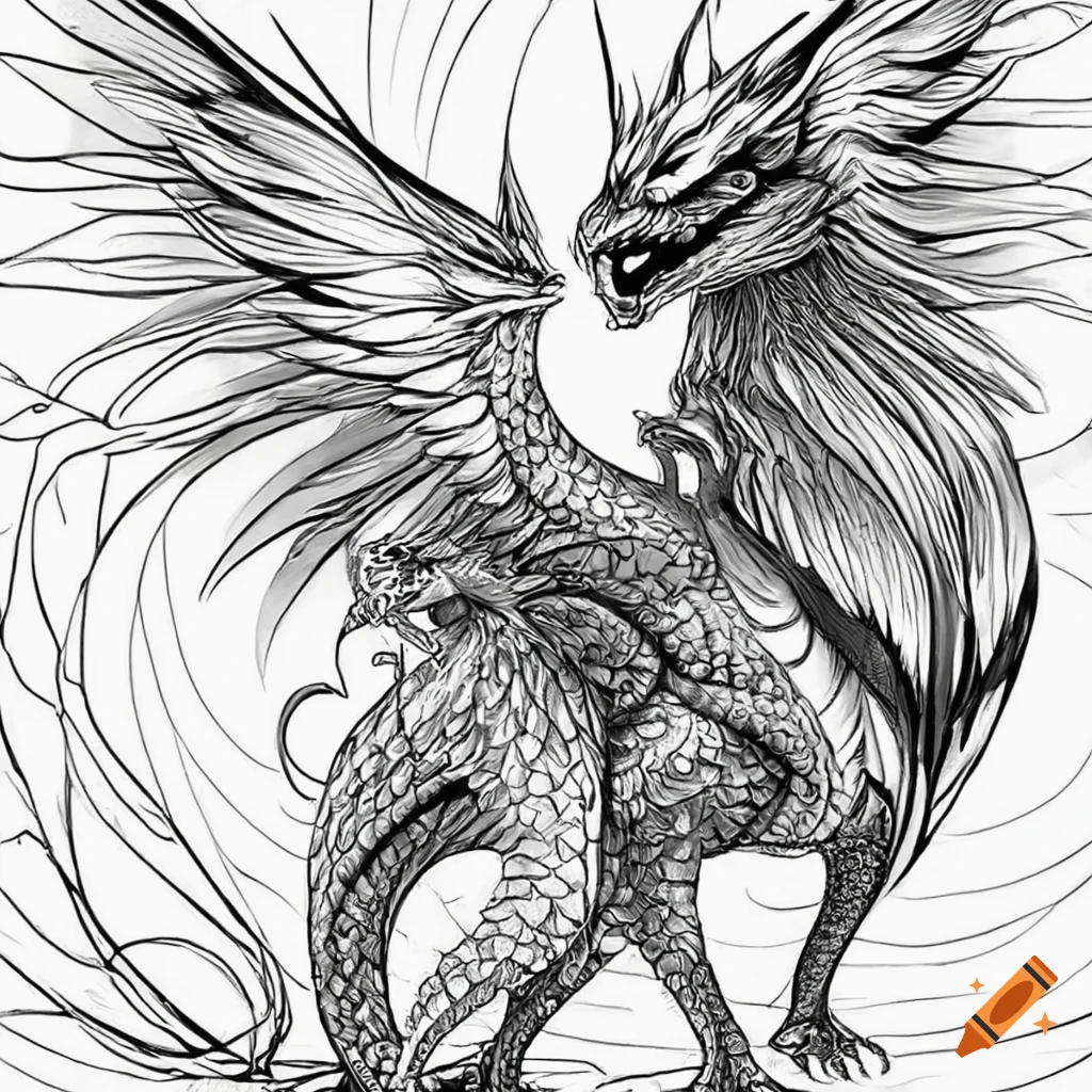 Black and white coloring pages of mythical creatures on
