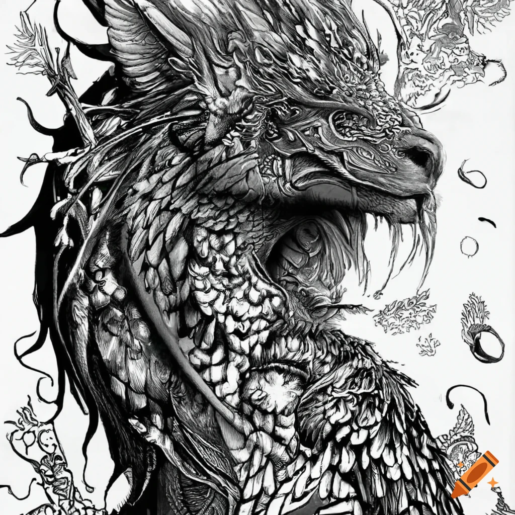 A detailed black and white coloring page featuring mythical creatures on