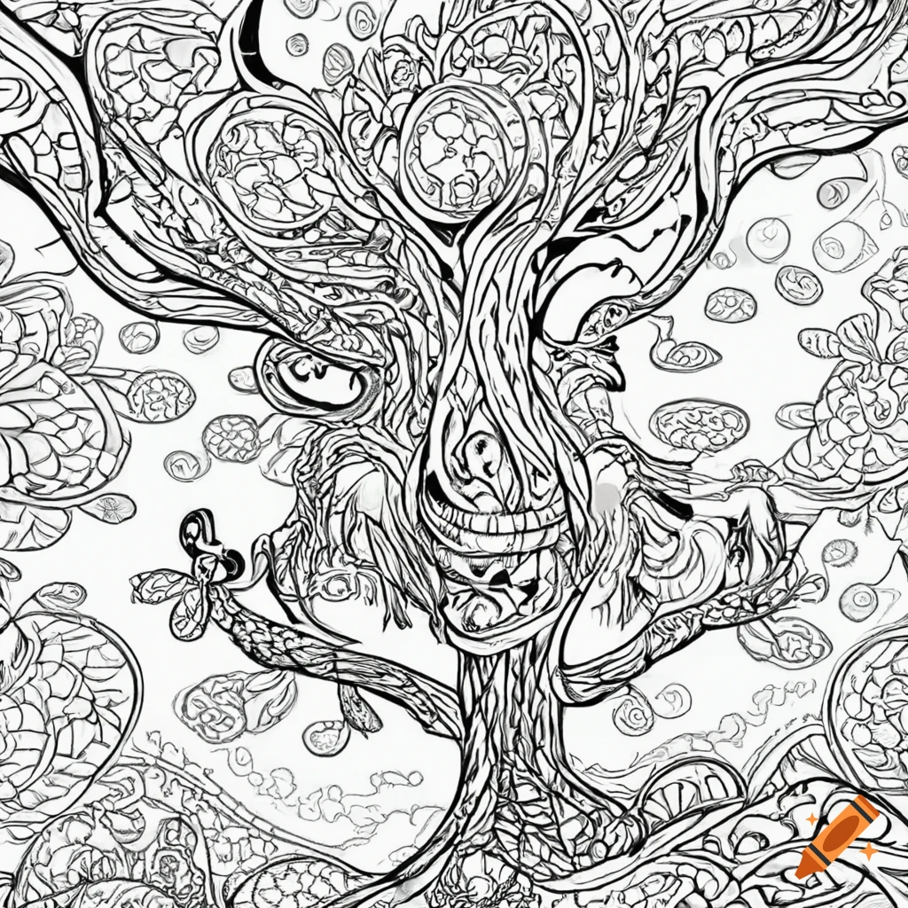 Coloring book illustration of a mystical forest with magical creatures on