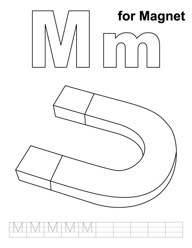 M for magnet coloring page with handwriting practice kids handwriting practice alphabet coloring pages kindergarten worksheets printable