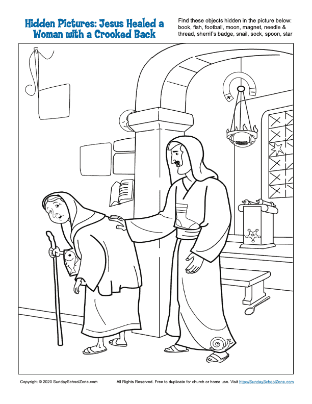 Jesus healed a woman with a crooked back hidden pictures coloring page