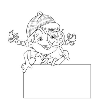 Coloring page outline of cartoon girl detective with loupe vector