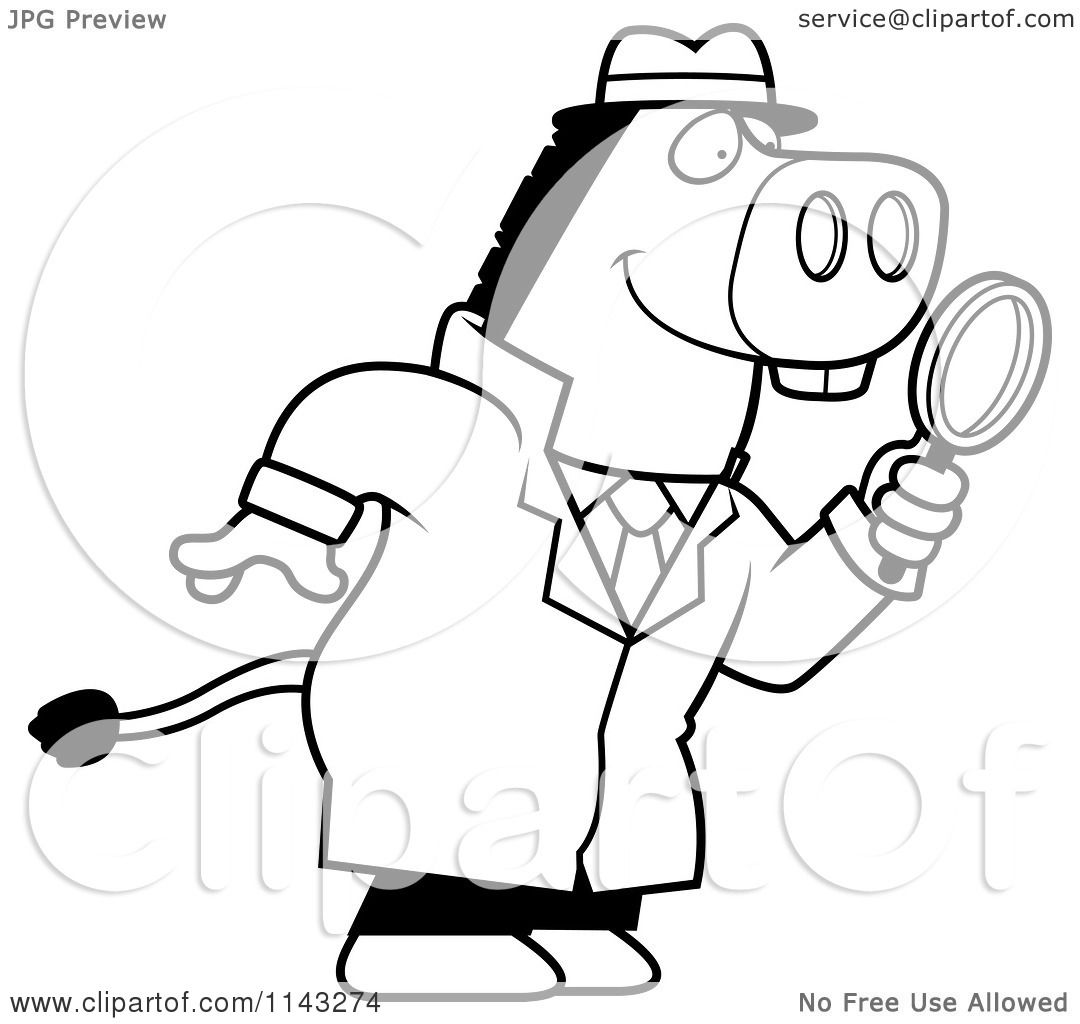 Cartoon clipart of a black and white donkey detective using a magnifying glass