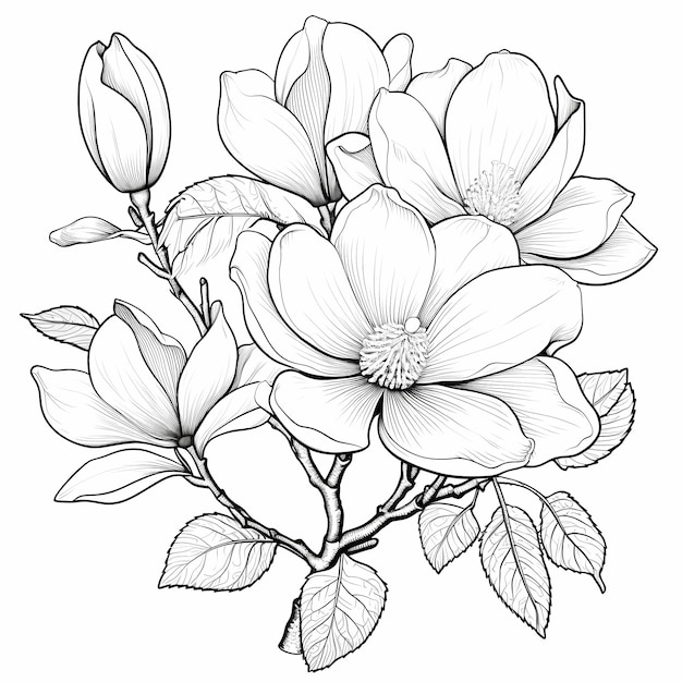 Premium ai image floral wonder coloring page of a magnolia tree and its stunning blooms for kids