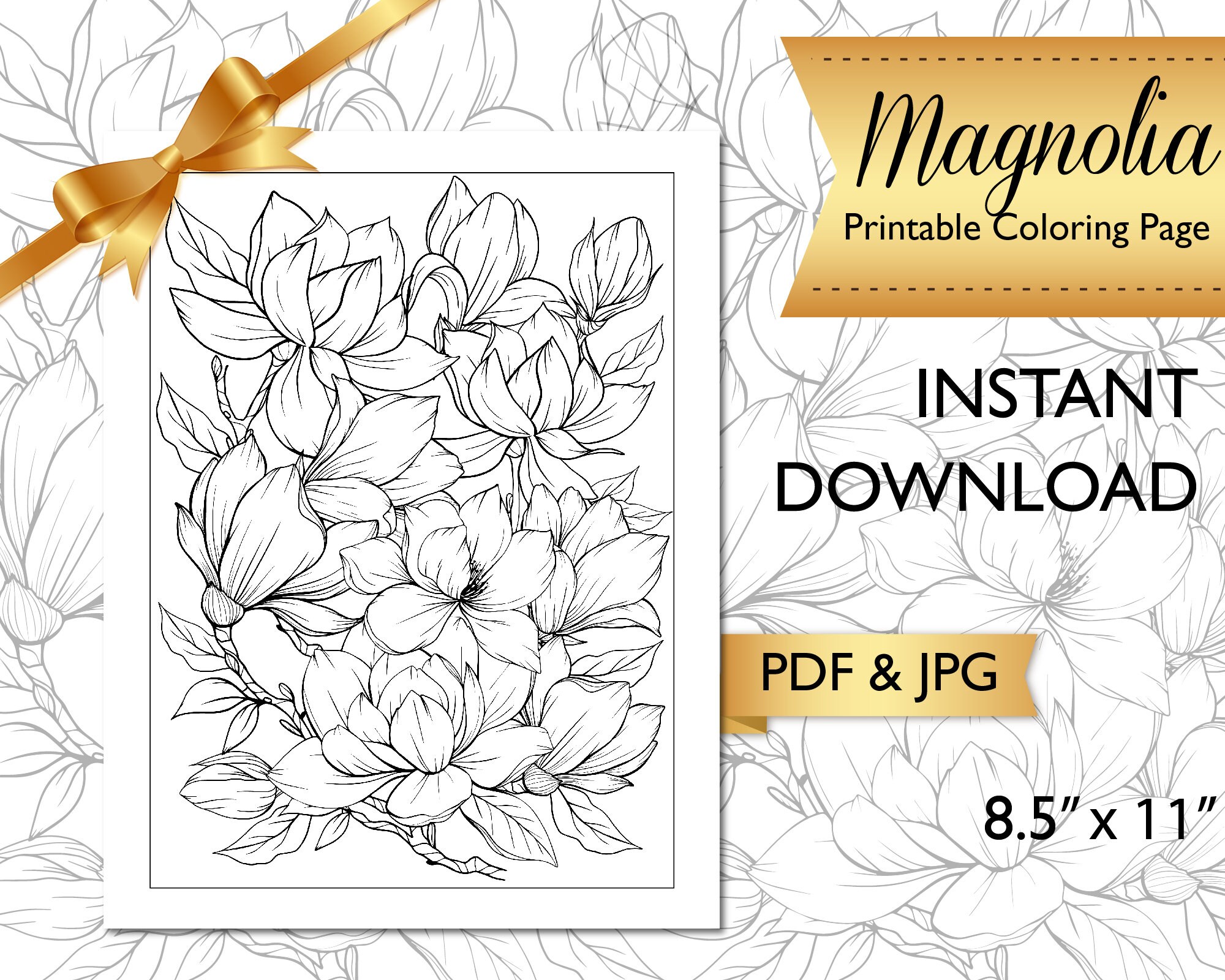 Printable adult coloring page flower coloring page for adults magnolia coloring page pdf coloring at home meditative coloring digital