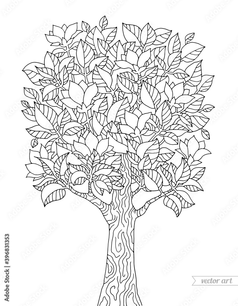 Magnolia tree with flowers isolated vector hand drawn artwork zentangle coloring book page for adult black and white vintage retro style wallpaper print poster vector