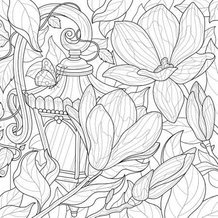 Street lamp and magnoliascoloring book antistress for children and adults