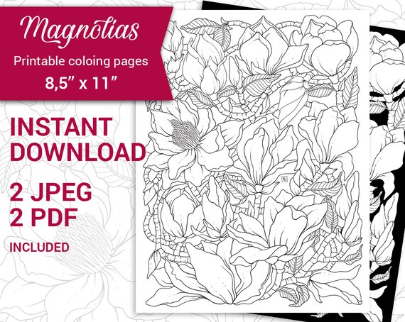 Pdf jpeg digital adult coloring page botanical printable coloring book magnolia flowers x