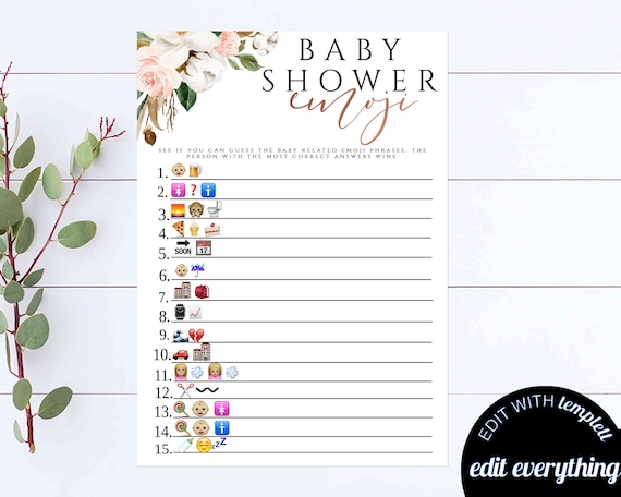 Floral emoji pictionary baby shower game rose gold baby shower pictionary activity magnolia emoji pictionary baby shower printable game