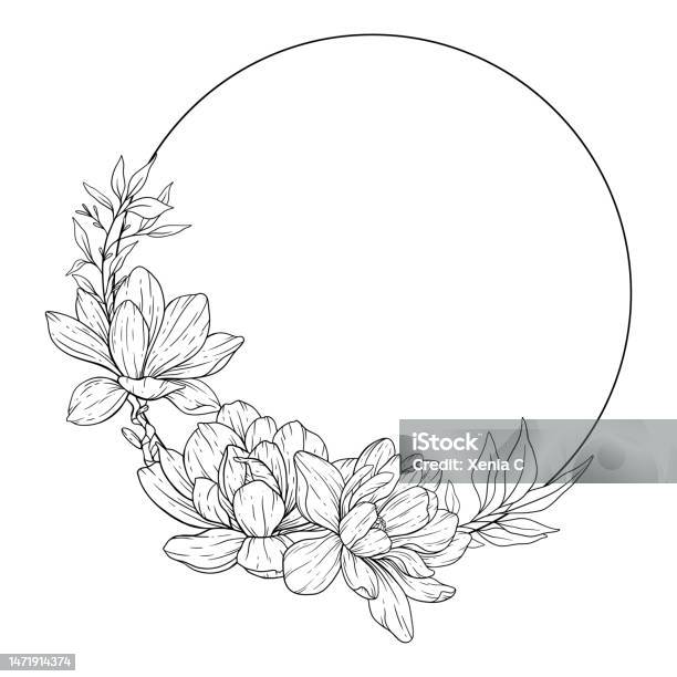 Floral line art magnolia line art flowers line drawing for floral coloring pages minimalist modern wedding invitations stock illustration