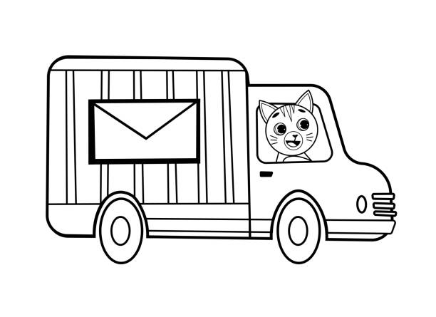 Coloring page outline of cartoon mail truck with animal vector image on white background coloring book of transport for kids stock illustration