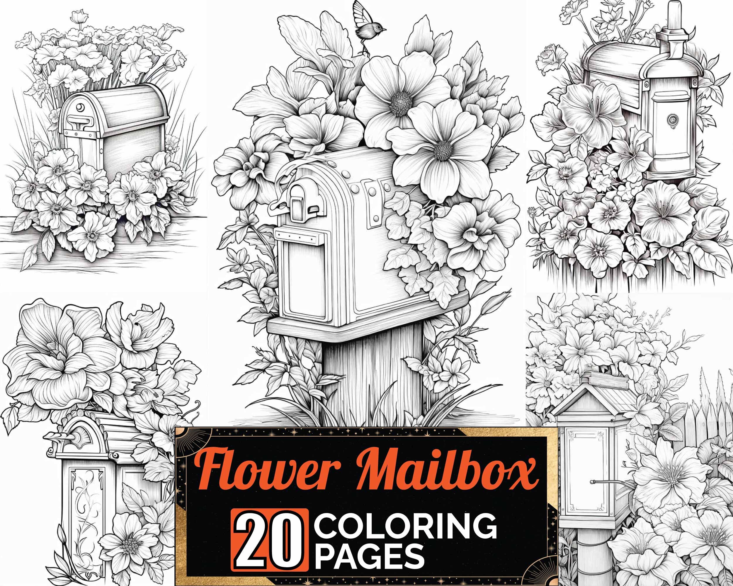 Vintage flower mailbox coloring pages premium adult kids retro coloring sheets coloring book a size printable digital pdf download