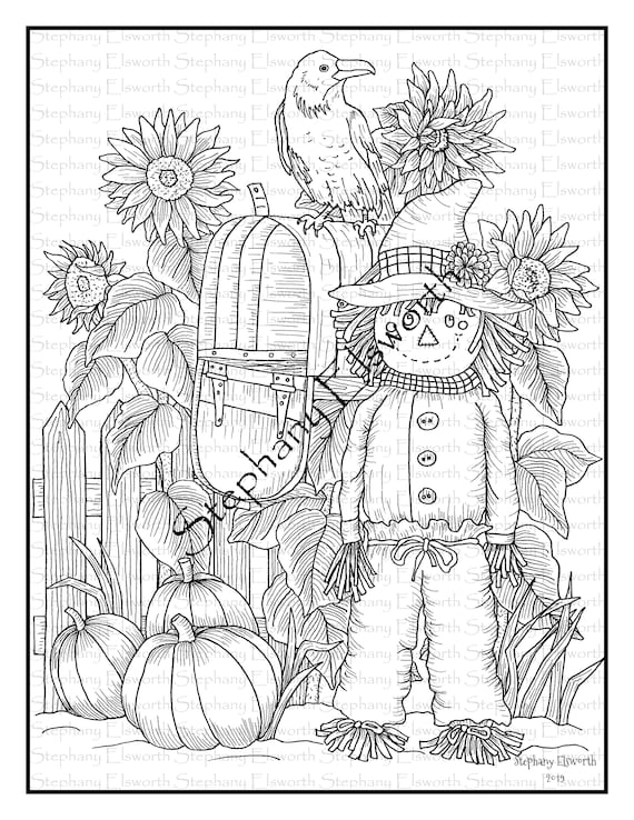 Scarecrow and mailbox x printable instant download coloring page