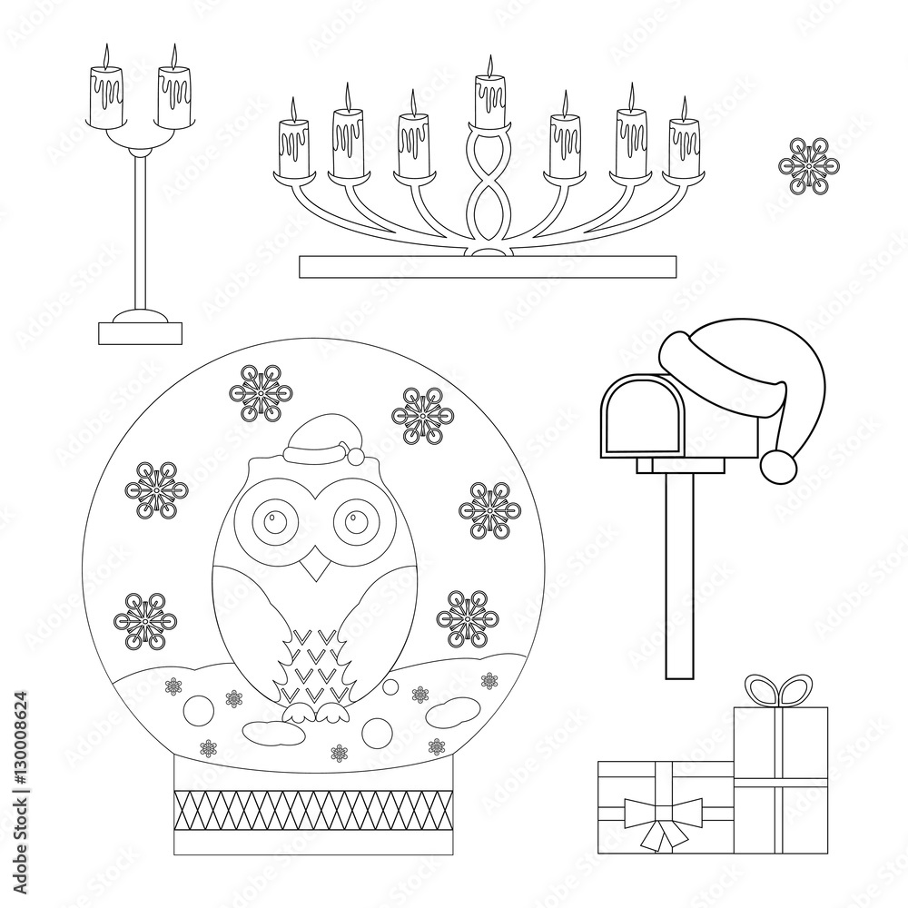 Set of coloring page christmas snow globe with an owl candlesticks with candles gifts mailbox in father christmas hat coloring book vector illustration vector