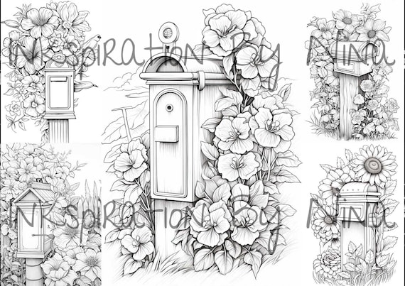 Vintage flower mailbox coloring pages premium adult kids retro coloring sheets coloring book a size printable digital pdf download