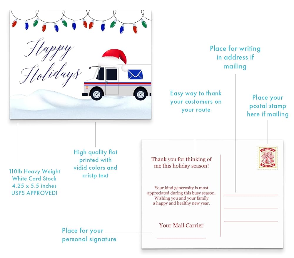 Cute mailman thank you cards custom christmas postcard mail man thank you cards holiday mail carrier post cards mail lady thank you cards happy holiday postcard your choice of greeting quantity