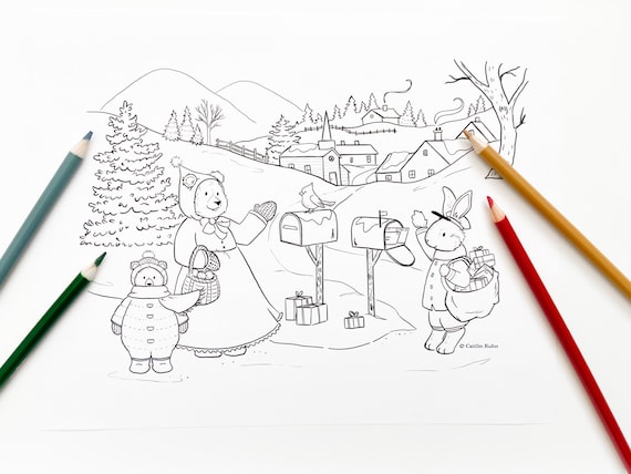 Christmas coloring page winter coloring page woodland christmas coloring sheet mailman thank you mail carrier thank you