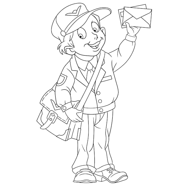 Premium vector cute happy postman delivering mail people professions cartoon coloring book page for kids