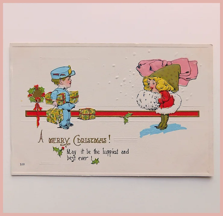 Antique mailman bringing gifts to lady christmas postcard