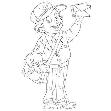 Premium vector cute happy postman delivering mail people professions cartoon coloring book page for kids