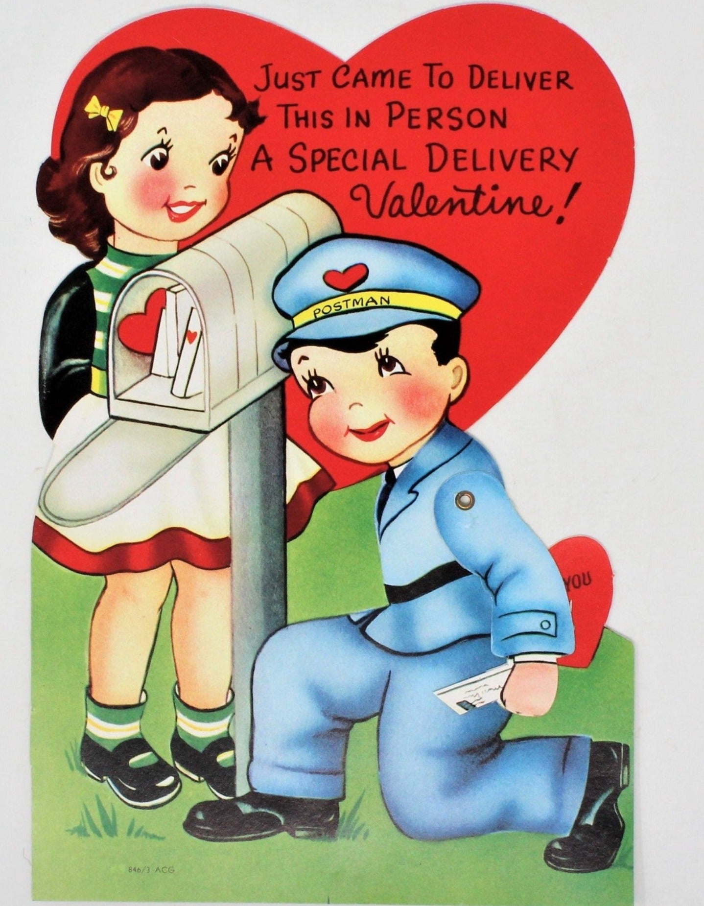 Greeting card valentine movable mailman large unused vintage â antigo trunk