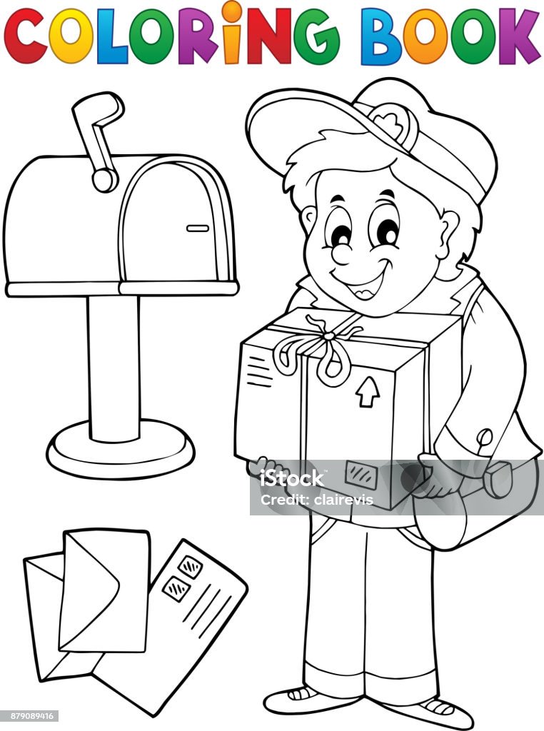 Coloring book mailman delivering box stock illustration