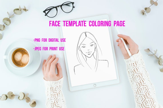 Makeup face template coloring page for procreate portrait printing and coloring or photoshop instant digital download