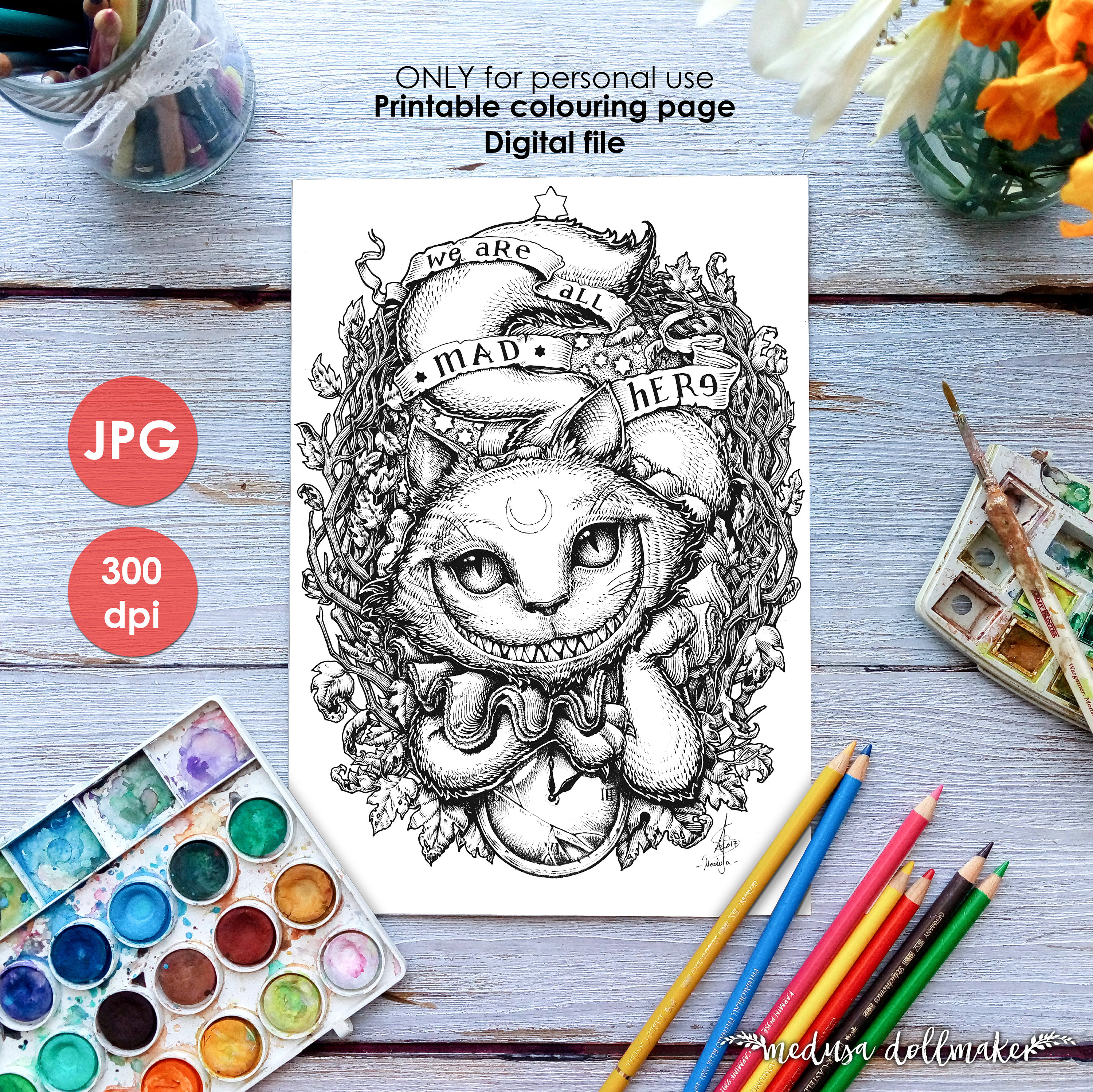 Cheshire cat coloring page pãgina para colorear imprimible adultos niãos art nouveau lineart halloween alice wonderland paint medusa dollmaker