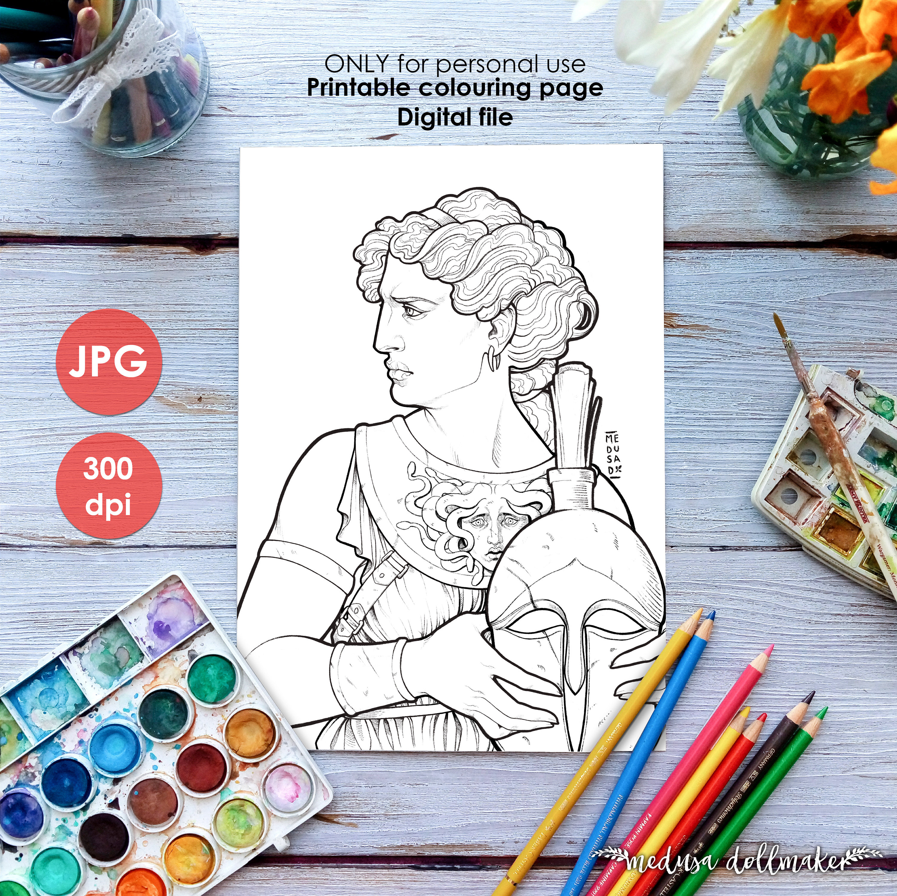 Athena coloring page printable colouring adults children art nouveau lineart stress relief greek goddess drawing painting medusa dollmaker