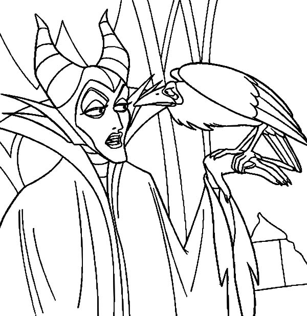 Maleficent talking to her pet the crow coloring pages color luna