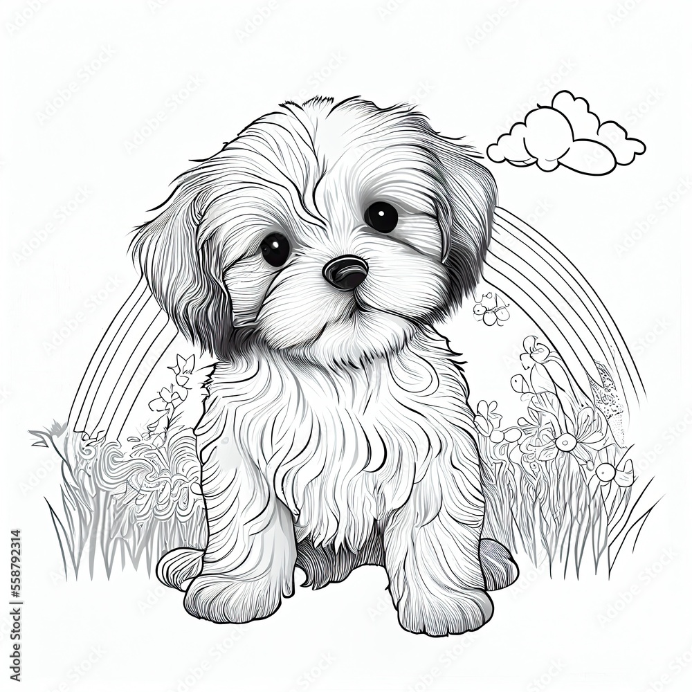 Illustrazione outline illustration of dog for coloring book page spring background coloring card for kids and adults generative ai