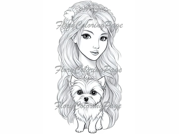 Grayscale beauty woman coloring pages for adult girl with maltese printable adult coloring pages digital premium grayscale girl and dog