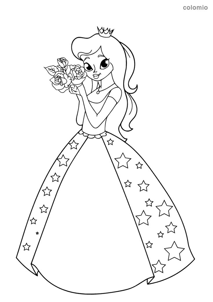 Princess with roses and star dress coloring page ausmalbilder prinzessin malvorlage prinzessin ausmalbilder