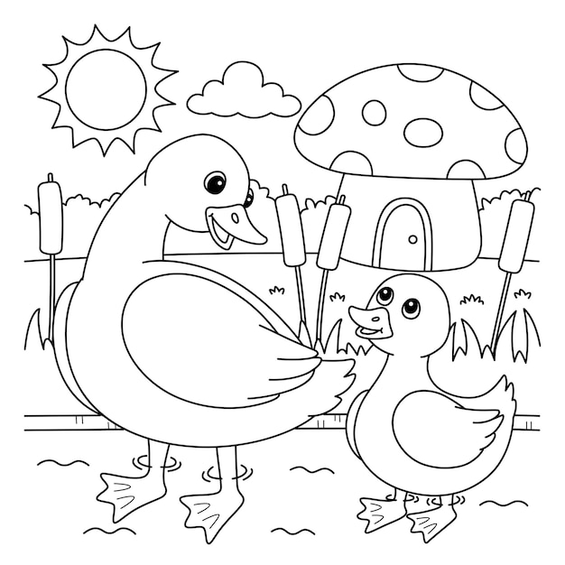 Primavera madre pato y patito pãgina para colorear vector premium